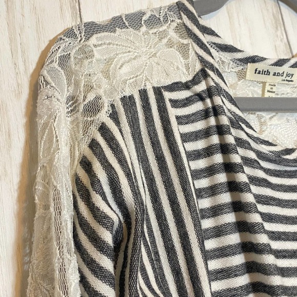 Gray / White Striped Lace Detail Sweater - Picture 3 of 6